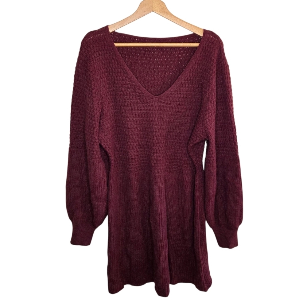 Cupshe Burgundy V-neck Knit Sweater Dress Puffed Statement Sleeves Size XL